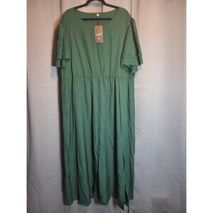 Women's Plus Size 4x Dark Green Short Sleeve Flowy Midi Dress with Pockets